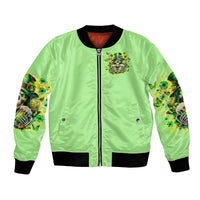 Green bomber jacket with front zipper, skull and beer graphic patch, ribbed black hem