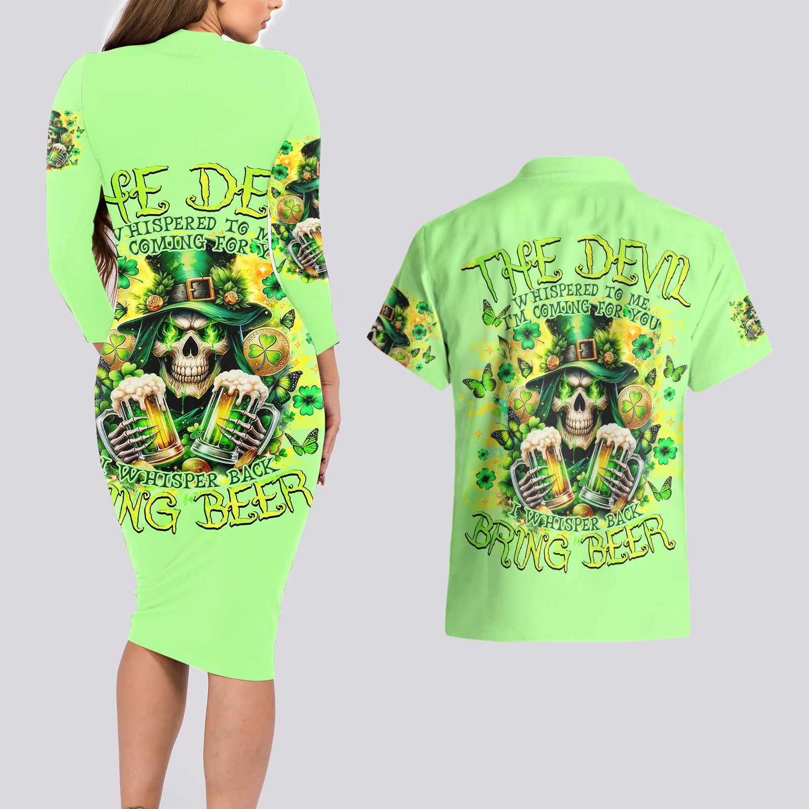 Irish Skull Couples Matching Long Sleeve Bodycon Dress and Hawaiian Shirt The Devil Whispered To Me I'm Coming For You - Wonder Print Shop