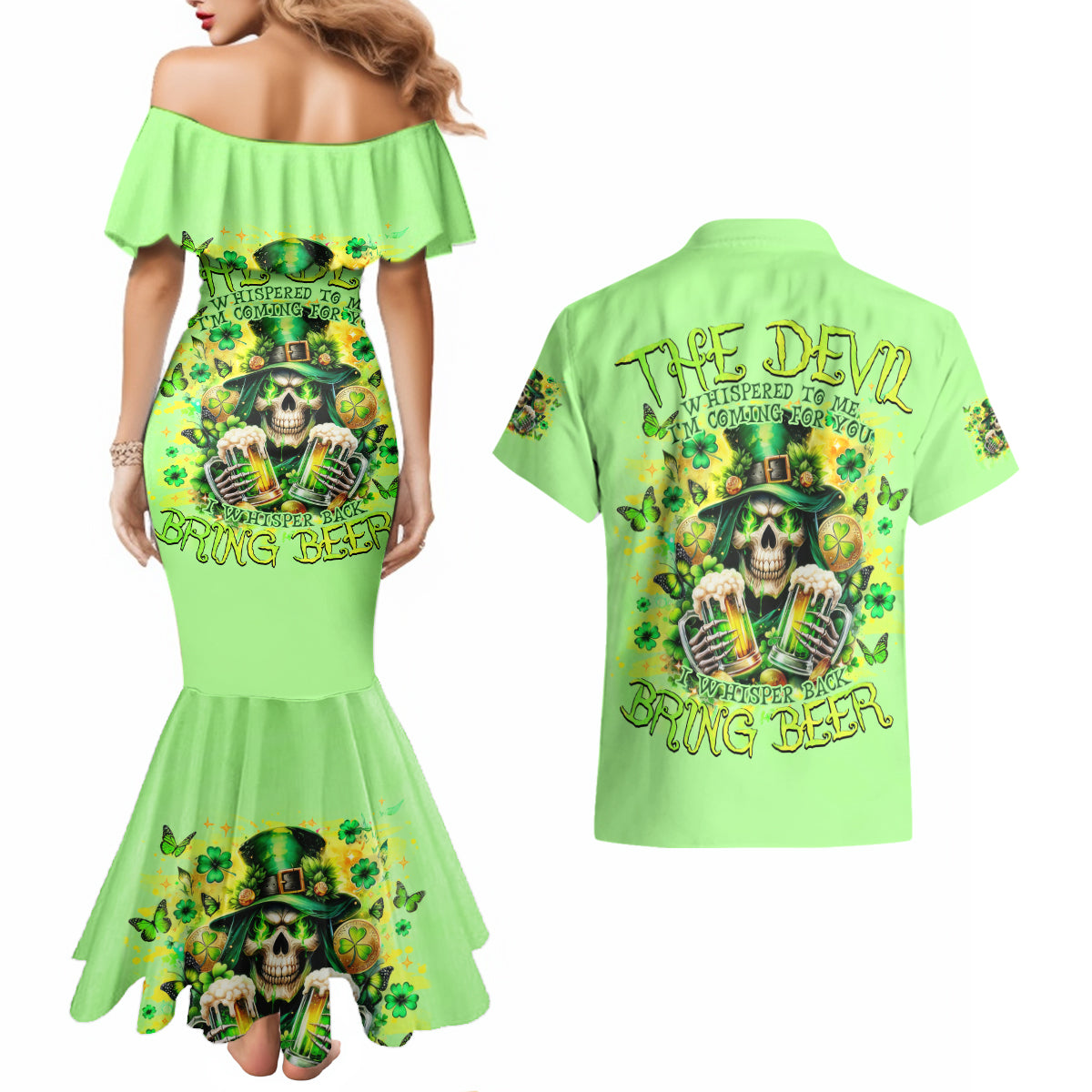 Irish Skull Couples Matching Mermaid Dress and Hawaiian Shirt The Devil Whispered To Me I'm Coming For You - Wonder Print Shop