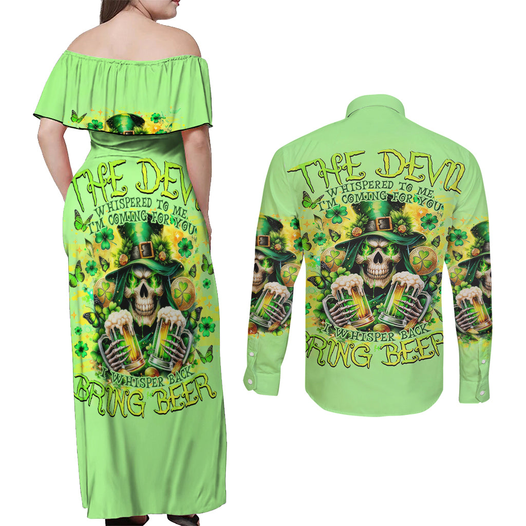 Irish Skull Couples Matching Off Shoulder Maxi Dress and Long Sleeve Button Shirt The Devil Whispered To Me I'm Coming For You - Wonder Print Shop