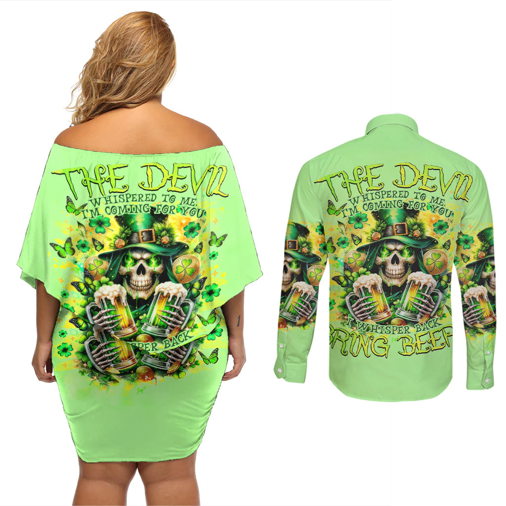 Irish Skull Couples Matching Off Shoulder Short Dress and Long Sleeve Button Shirt The Devil Whispered To Me I'm Coming For You - Wonder Print Shop