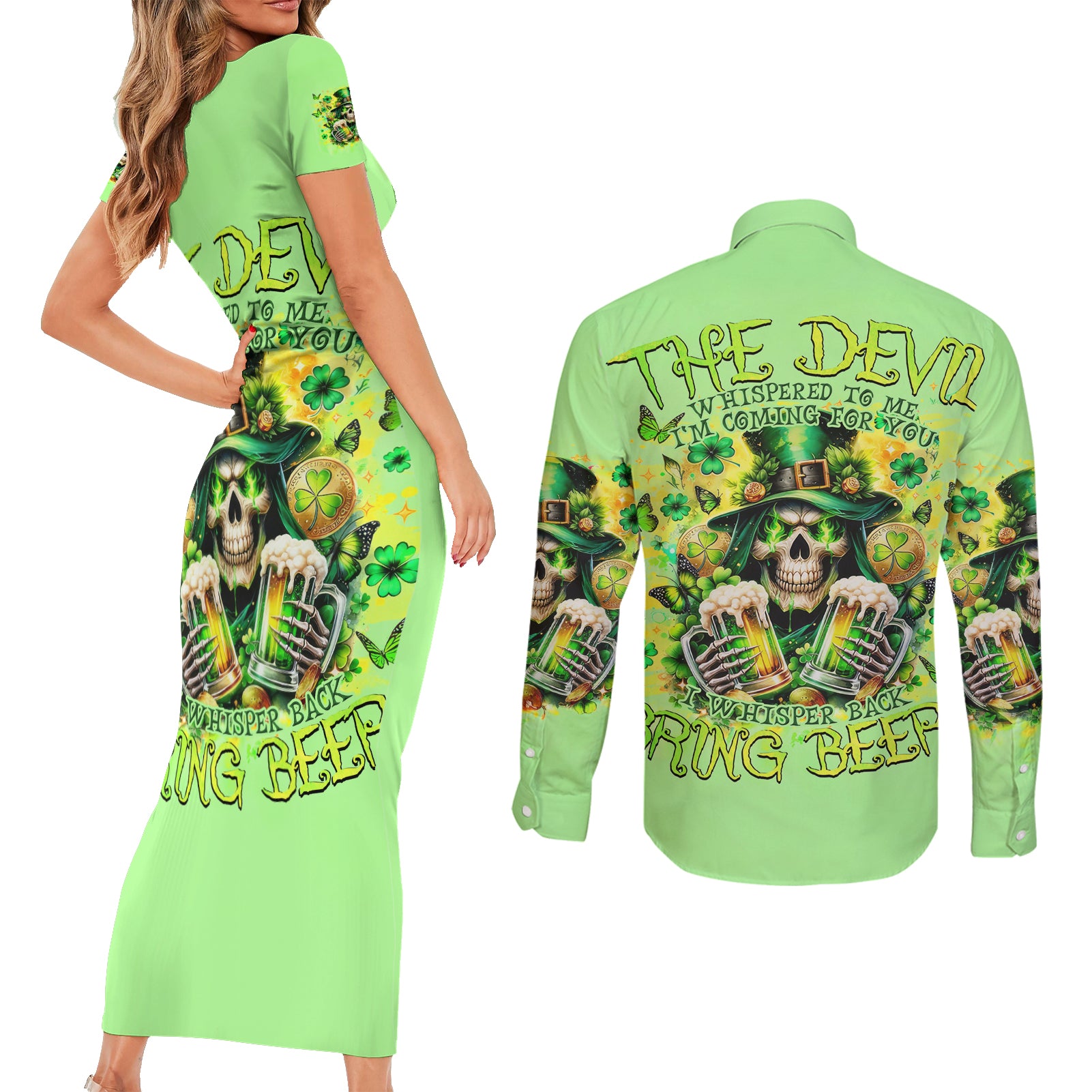 Irish Skull Couples Matching Short Sleeve Bodycon Dress and Long Sleeve Button Shirt The Devil Whispered To Me I'm Coming For You - Wonder Print Shop