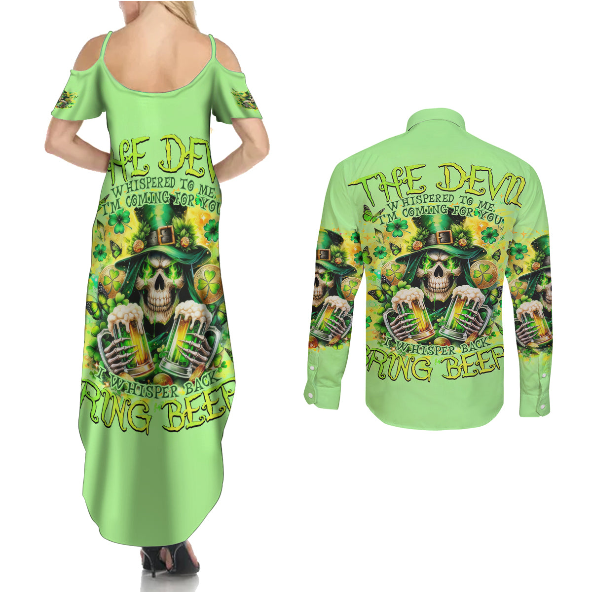 Irish Skull Couples Matching Summer Maxi Dress and Long Sleeve Button Shirt The Devil Whispered To Me I'm Coming For You - Wonder Print Shop