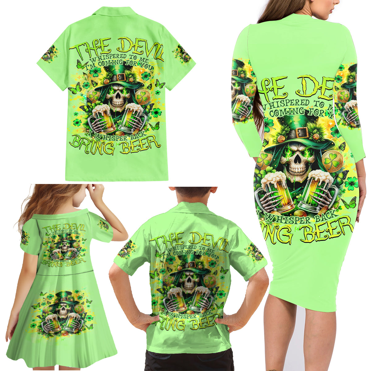 Irish Skull Family Matching Long Sleeve Bodycon Dress and Hawaiian Shirt The Devil Whispered To Me I'm Coming For You - Wonder Print Shop