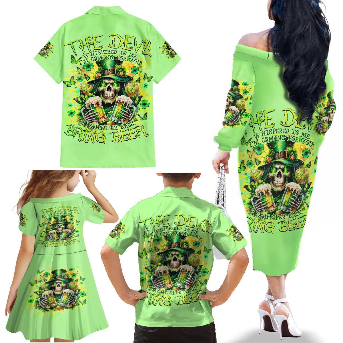 Irish Skull Family Matching Off Shoulder Long Sleeve Dress and Hawaiian Shirt The Devil Whispered To Me I'm Coming For You - Wonder Print Shop