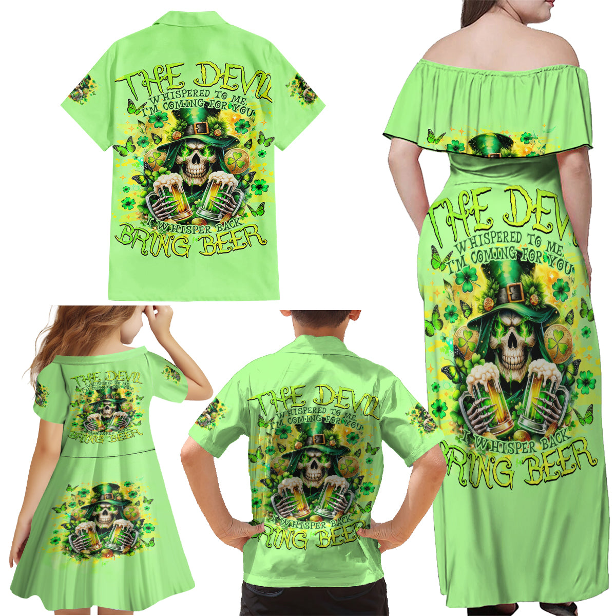 Irish Skull Family Matching Off Shoulder Maxi Dress and Hawaiian Shirt The Devil Whispered To Me I'm Coming For You - Wonder Print Shop