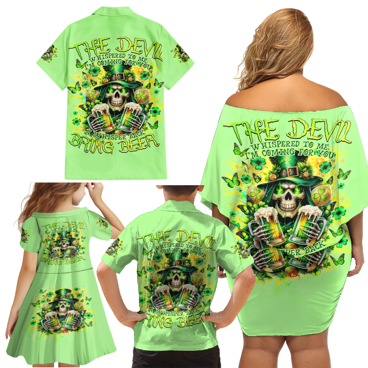 Irish Skull Family Matching Off Shoulder Short Dress and Hawaiian Shirt The Devil Whispered To Me I'm Coming For You - Wonder Print Shop