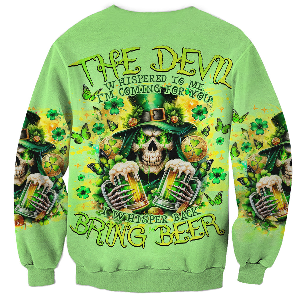 Green crewneck sweatshirt with large skull and beer graphic, shamrock sleeves