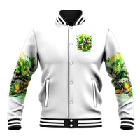 Unisex white baseball jacket, button front, ribbed striped collar, green skull chest graphic