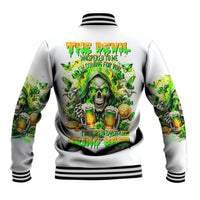 Unisex white baseball jacket, ribbed striped collar and cuffs, large green skull back print