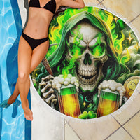 Round beach blanket with green skull and beer mugs print, white fringe edge