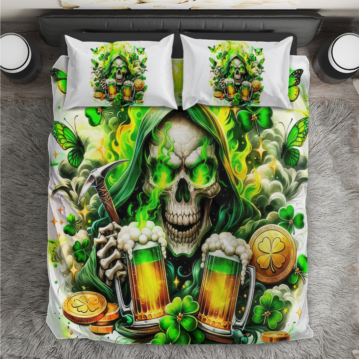White bedding set with green skull leprechaun graphic, shamrock and beer mugs on duvet