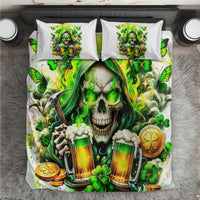 White bedding set with green skull leprechaun graphic, shamrock and beer mugs on duvet