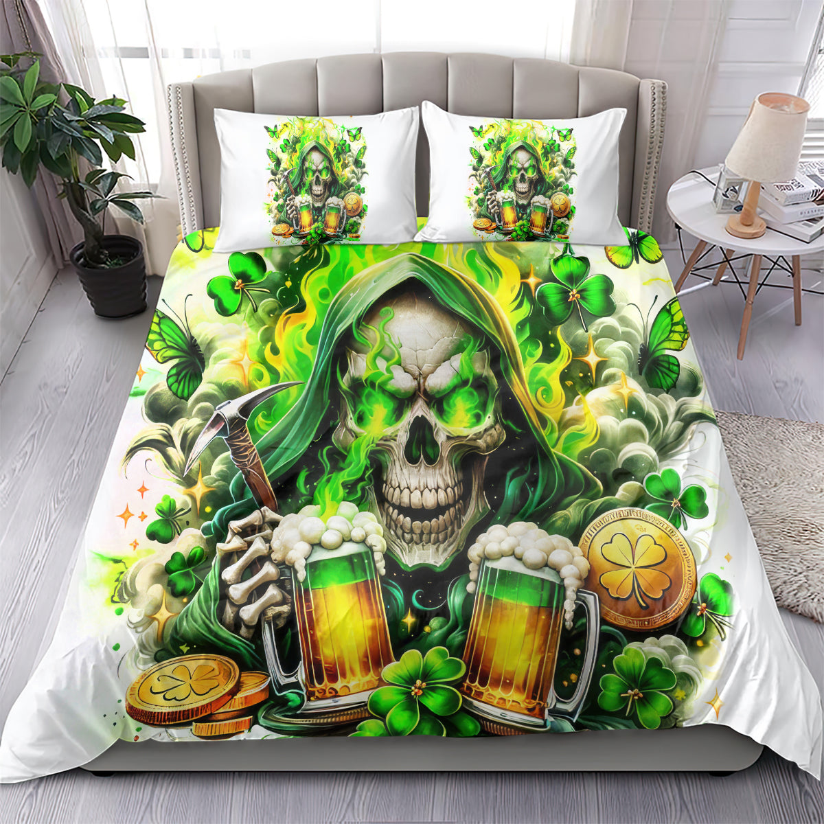 White bedding set on bed with green skull artwork, beer mugs and clover details on duvet