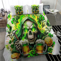 White duvet and pillowcases featuring green skull, beer mugs, shamrocks, and gold coins