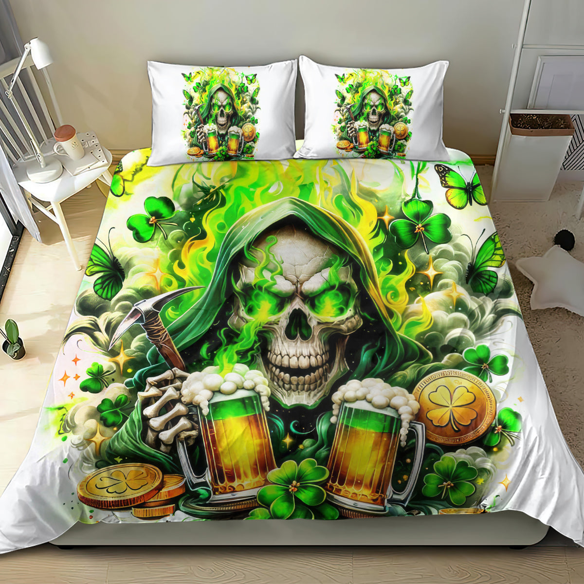 White bedding set with green hooded skull graphic, beer mugs and clover on duvet cover
