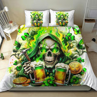 White bedding set with green hooded skull graphic, beer mugs and clover on duvet cover