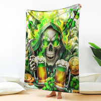 Irish skull blanket draped over a bed, featuring a hooded skull with beer mugs