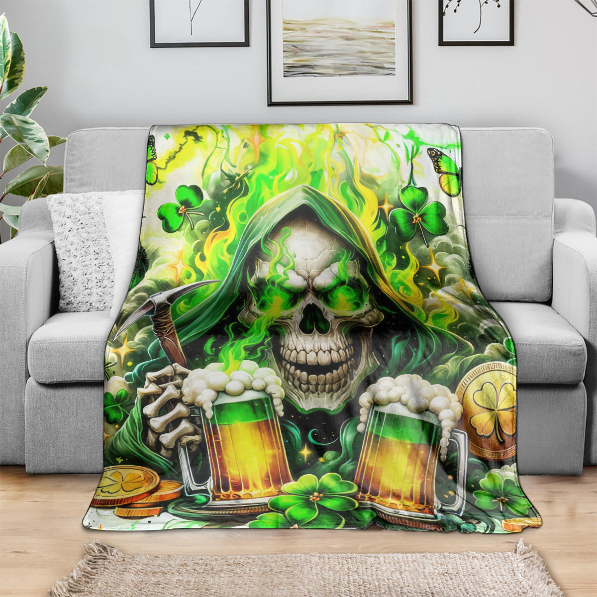Irish skull blanket on a couch, green hooded skull holding two beer mugs