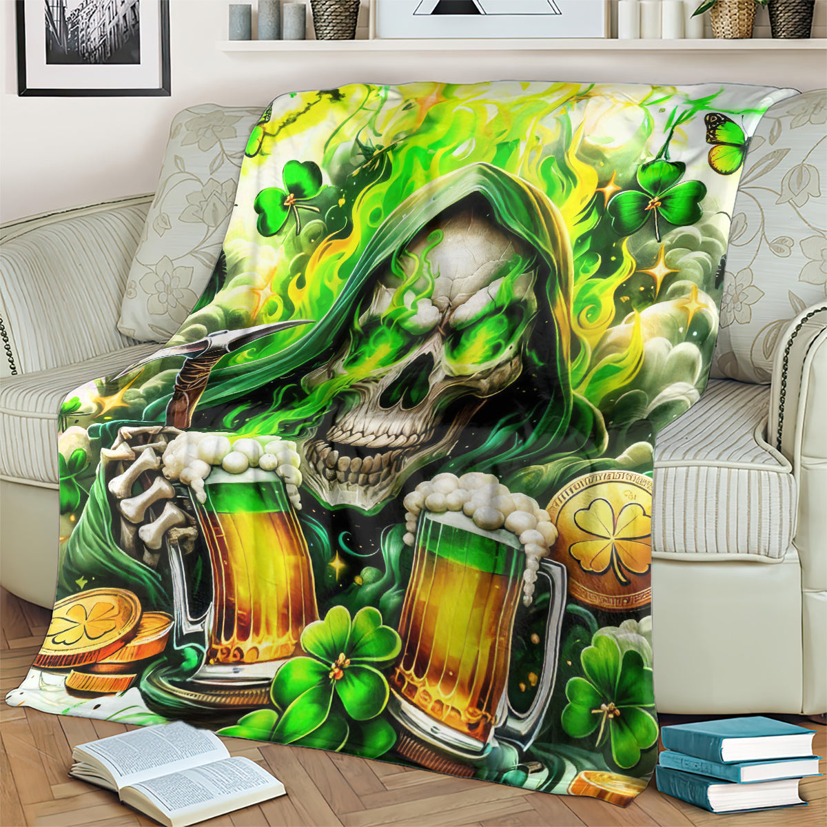Irish skull blanket close-up with hooded skeleton, beer mugs, and clover details