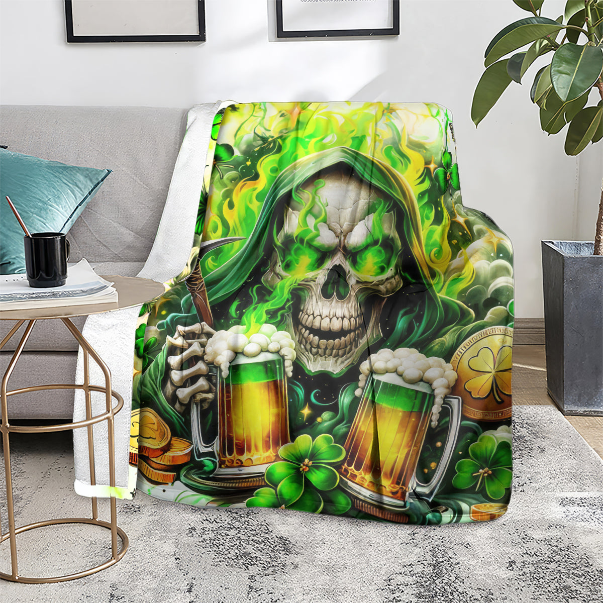 Irish skull blanket on the floor with green hooded skull and glowing beer mugs