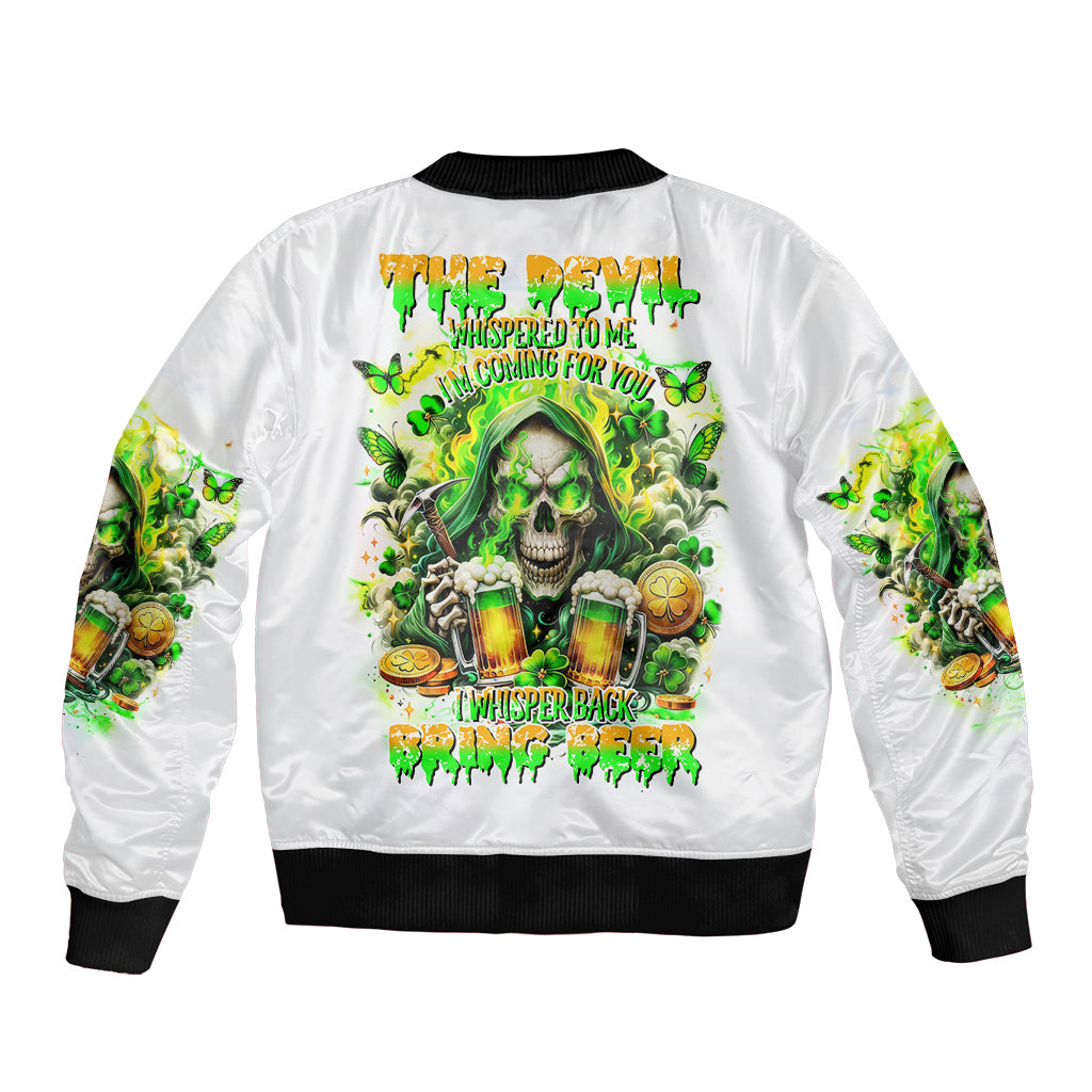 White bomber jacket with black ribbed collar and large back skull beer graphic