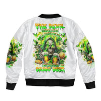 White bomber jacket with black ribbed collar and large back skull beer graphic