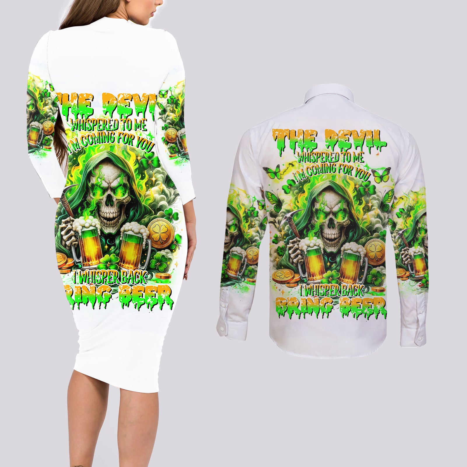 Irish Skull Couples Matching Long Sleeve Bodycon Dress and Long Sleeve Button Shirt I Whisper Back Bring Beer - Wonder Print Shop