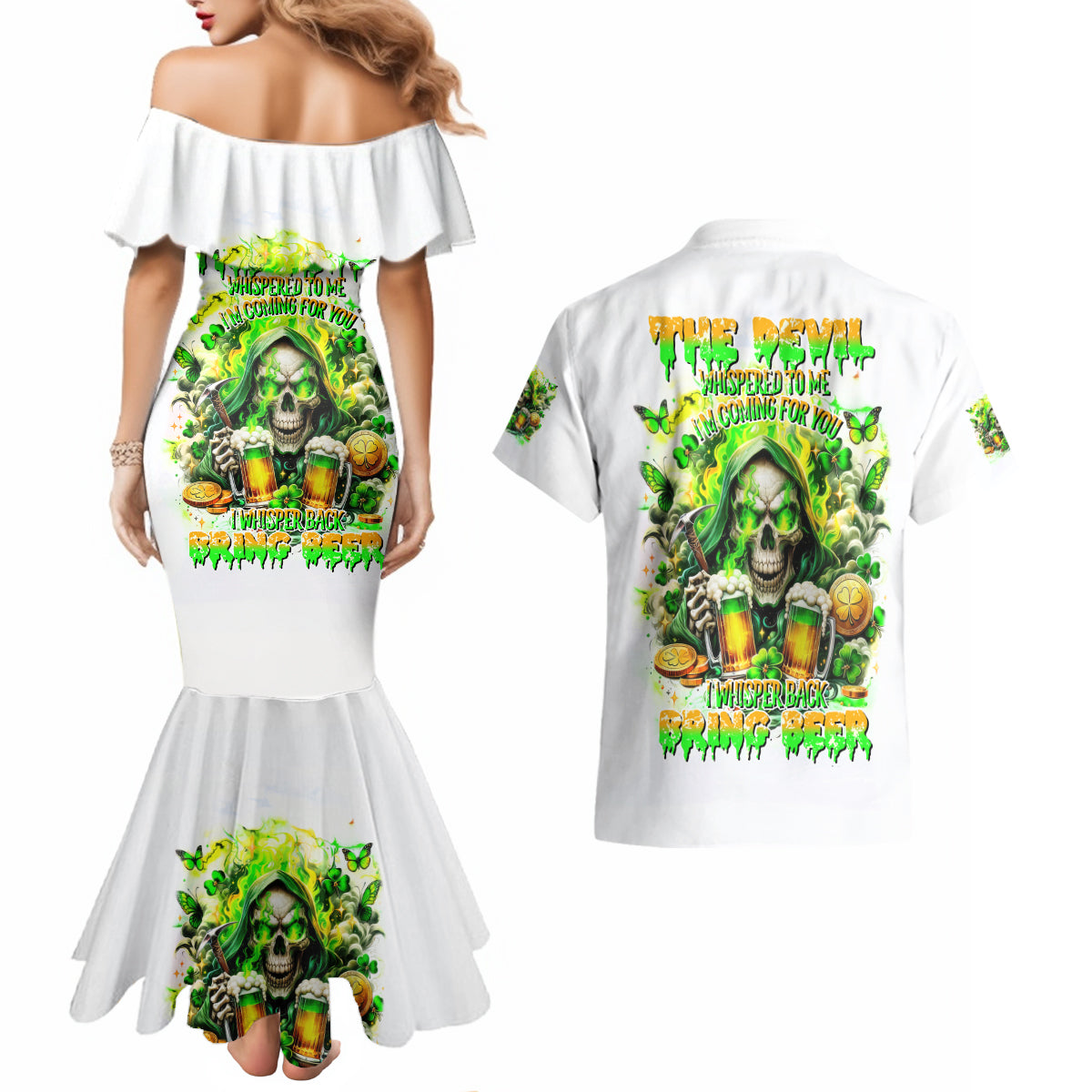 Irish Skull Couples Matching Mermaid Dress and Hawaiian Shirt I Whisper Back Bring Beer - Wonder Print Shop