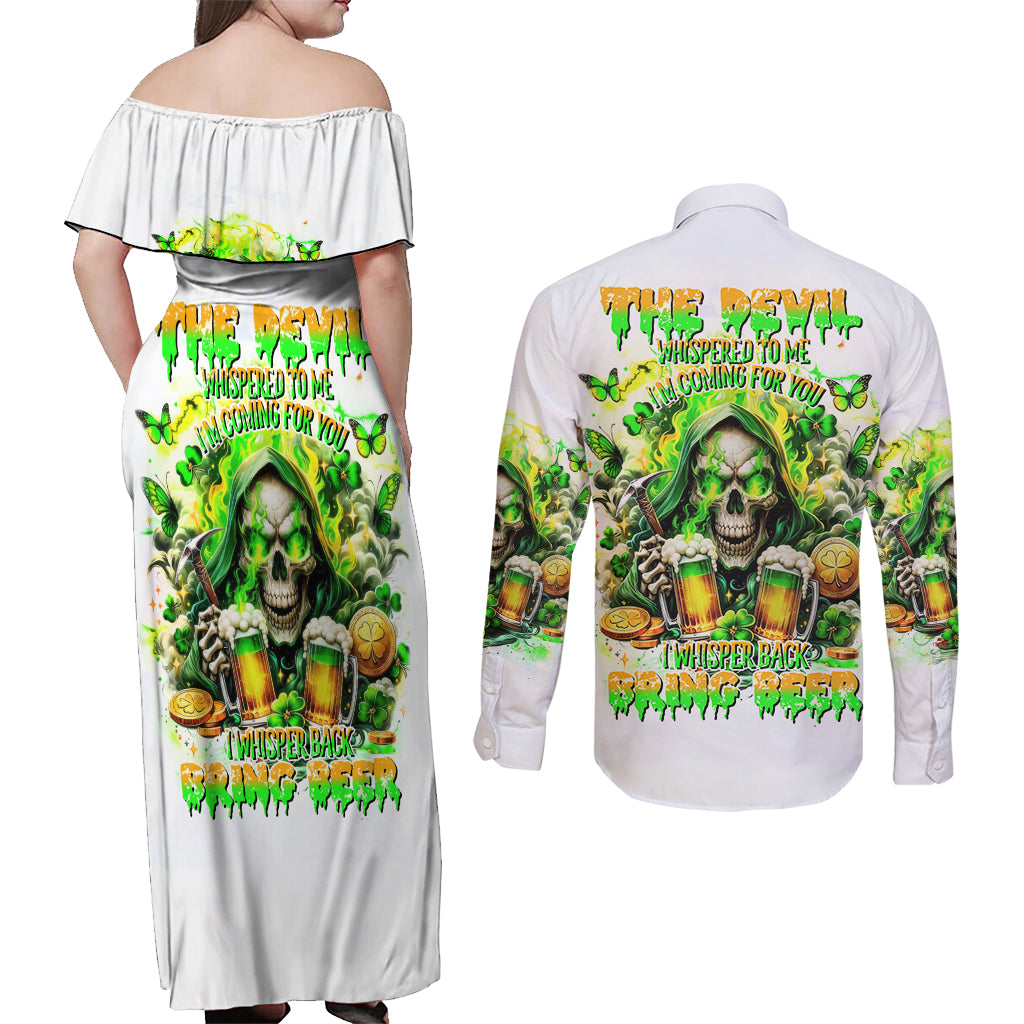 Irish Skull Couples Matching Off Shoulder Maxi Dress and Long Sleeve Button Shirt I Whisper Back Bring Beer - Wonder Print Shop