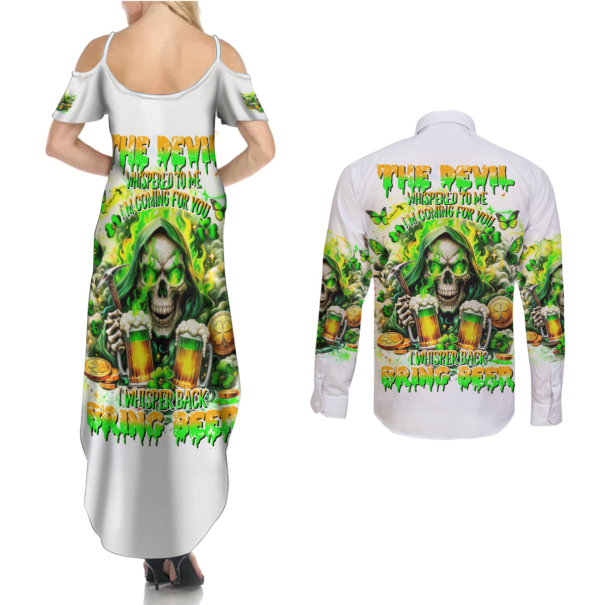 Irish Skull Couples Matching Summer Maxi Dress and Long Sleeve Button Shirt I Whisper Back Bring Beer - Wonder Print Shop