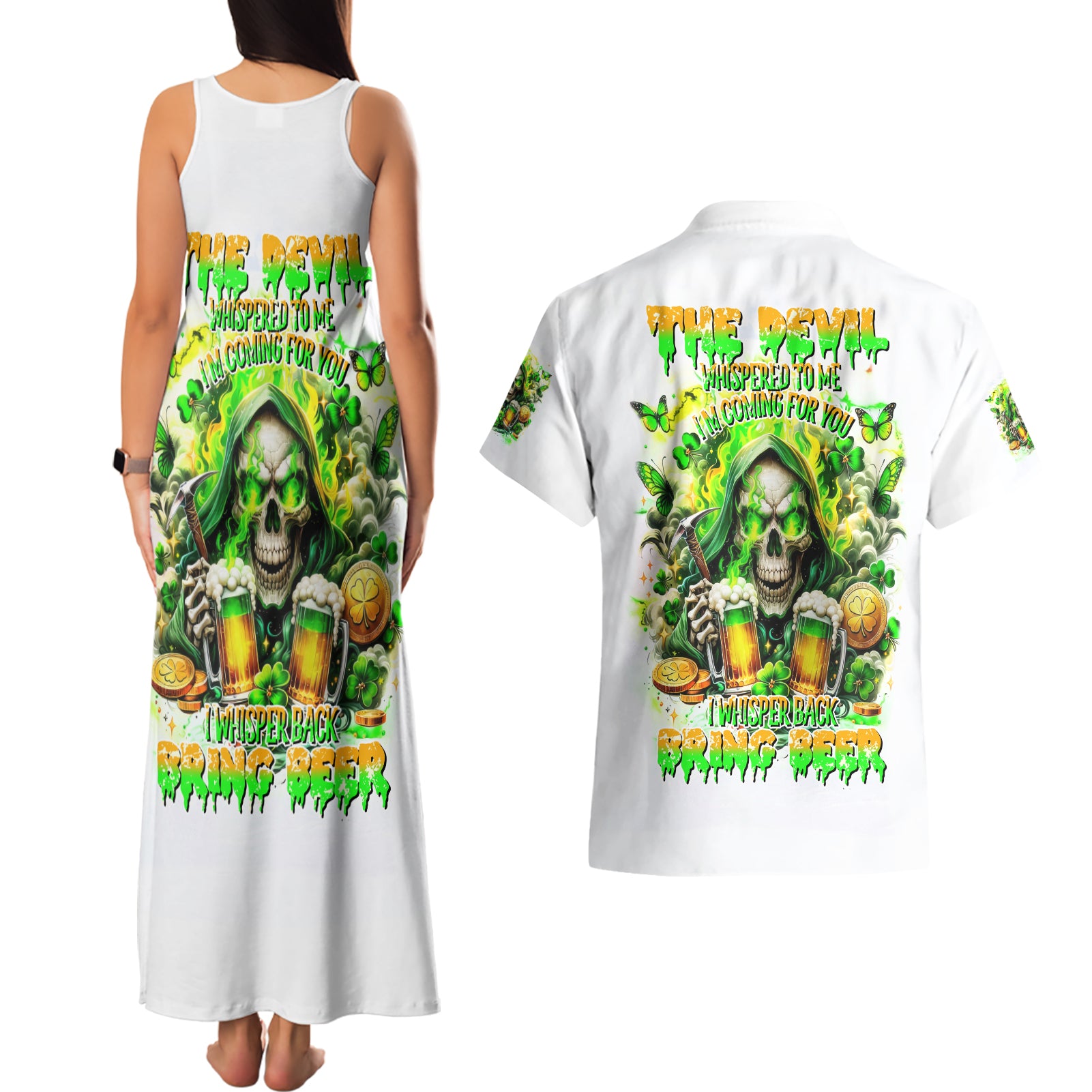 Irish Skull Couples Matching Tank Maxi Dress and Hawaiian Shirt I Whisper Back Bring Beer - Wonder Print Shop