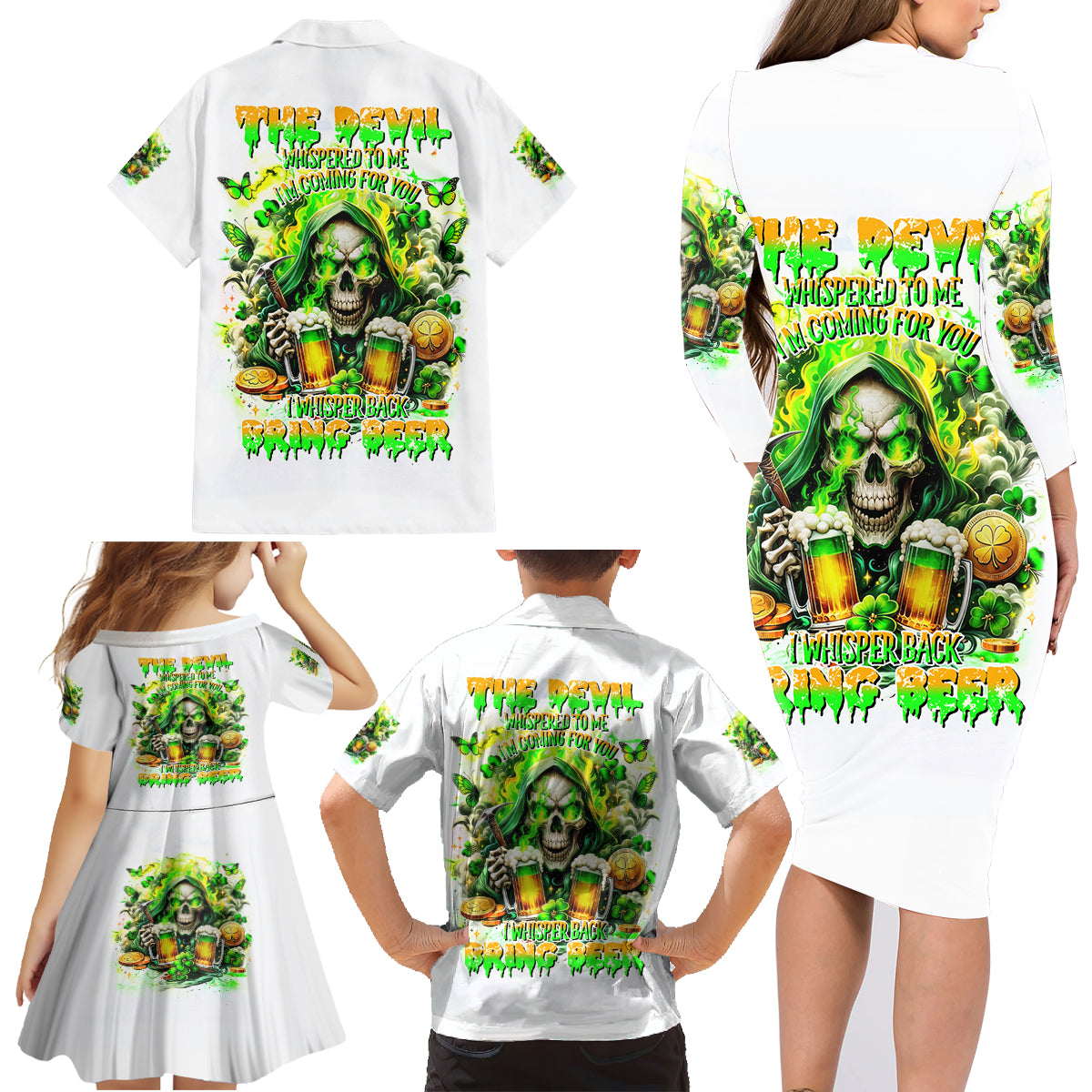 Irish Skull Family Matching Long Sleeve Bodycon Dress and Hawaiian Shirt I Whisper Back Bring Beer - Wonder Print Shop