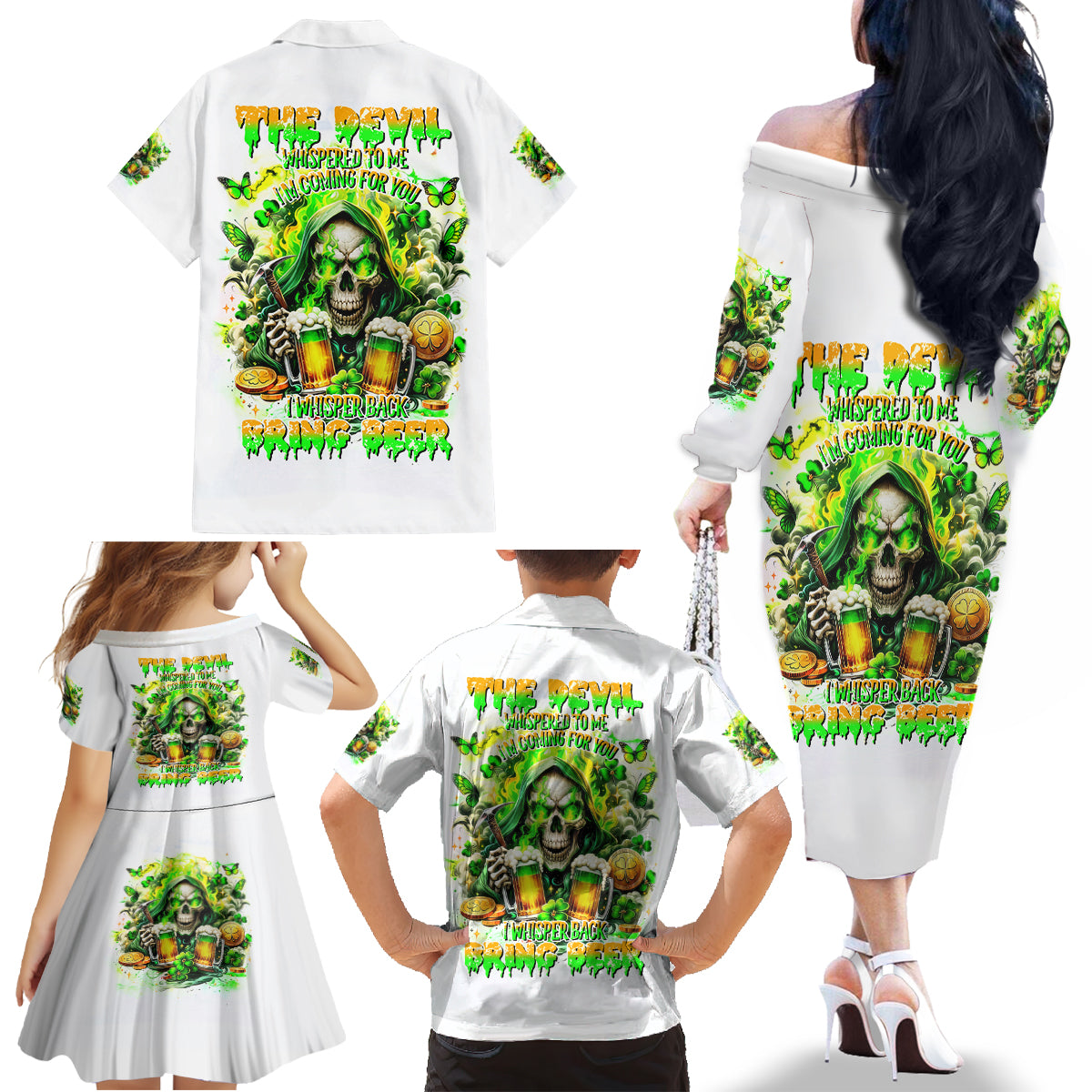 Irish Skull Family Matching Off Shoulder Long Sleeve Dress and Hawaiian Shirt I Whisper Back Bring Beer - Wonder Print Shop