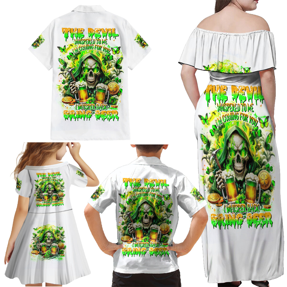 Irish Skull Family Matching Off Shoulder Maxi Dress and Hawaiian Shirt I Whisper Back Bring Beer - Wonder Print Shop