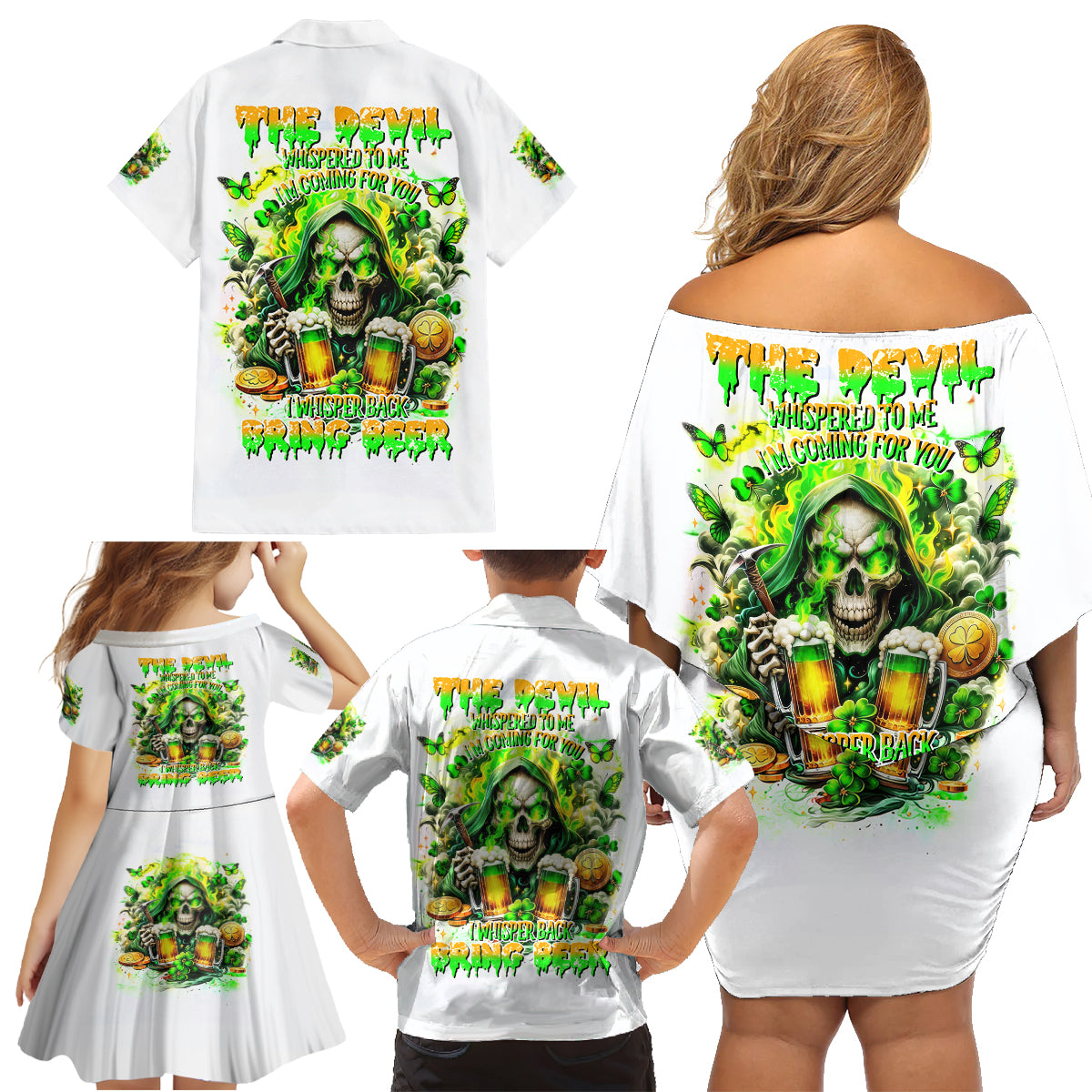 Irish Skull Family Matching Off Shoulder Short Dress and Hawaiian Shirt I Whisper Back Bring Beer - Wonder Print Shop