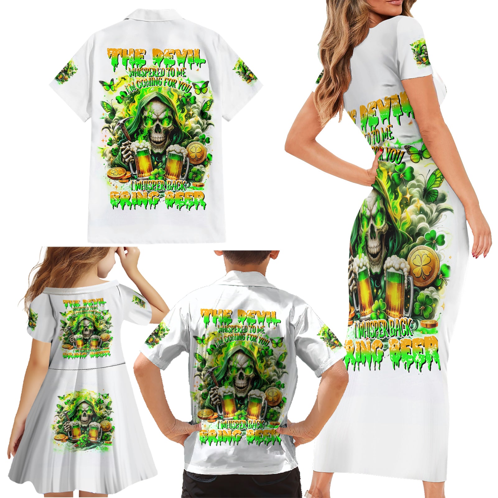 Irish Skull Family Matching Short Sleeve Bodycon Dress and Hawaiian Shirt I Whisper Back Bring Beer - Wonder Print Shop