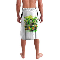 White lava-lava skirt with green skull and beer graphic, front view