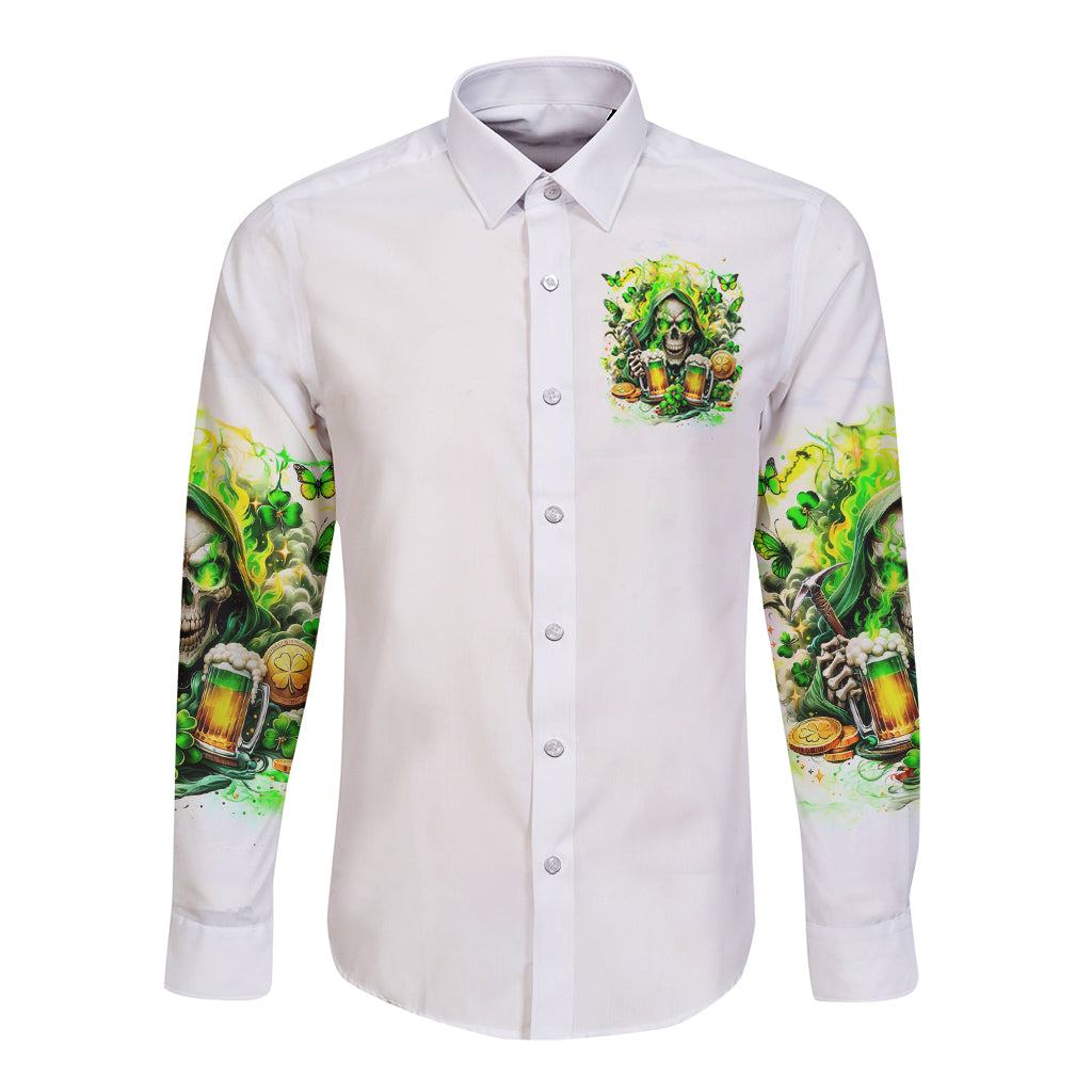 White long-sleeve button shirt with front chest graphic and green sleeve artwork