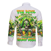 White long-sleeve button shirt with large back print of skull holding beers and shamrocks
