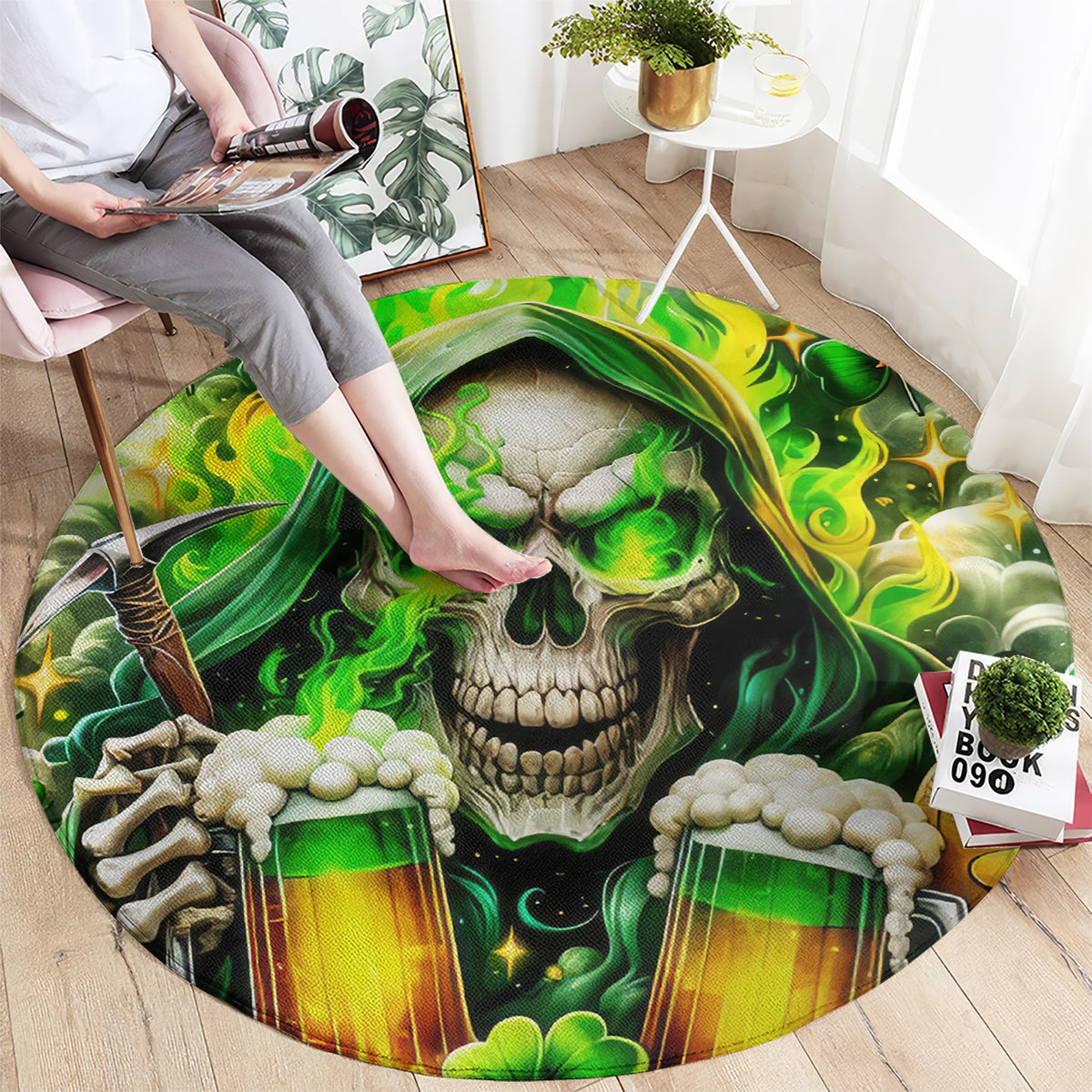 Round green skull area rug with beer mugs and shamrock-like swirls