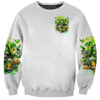Light gray unisex sweatshirt with small front skull beer graphic, printed sleeves