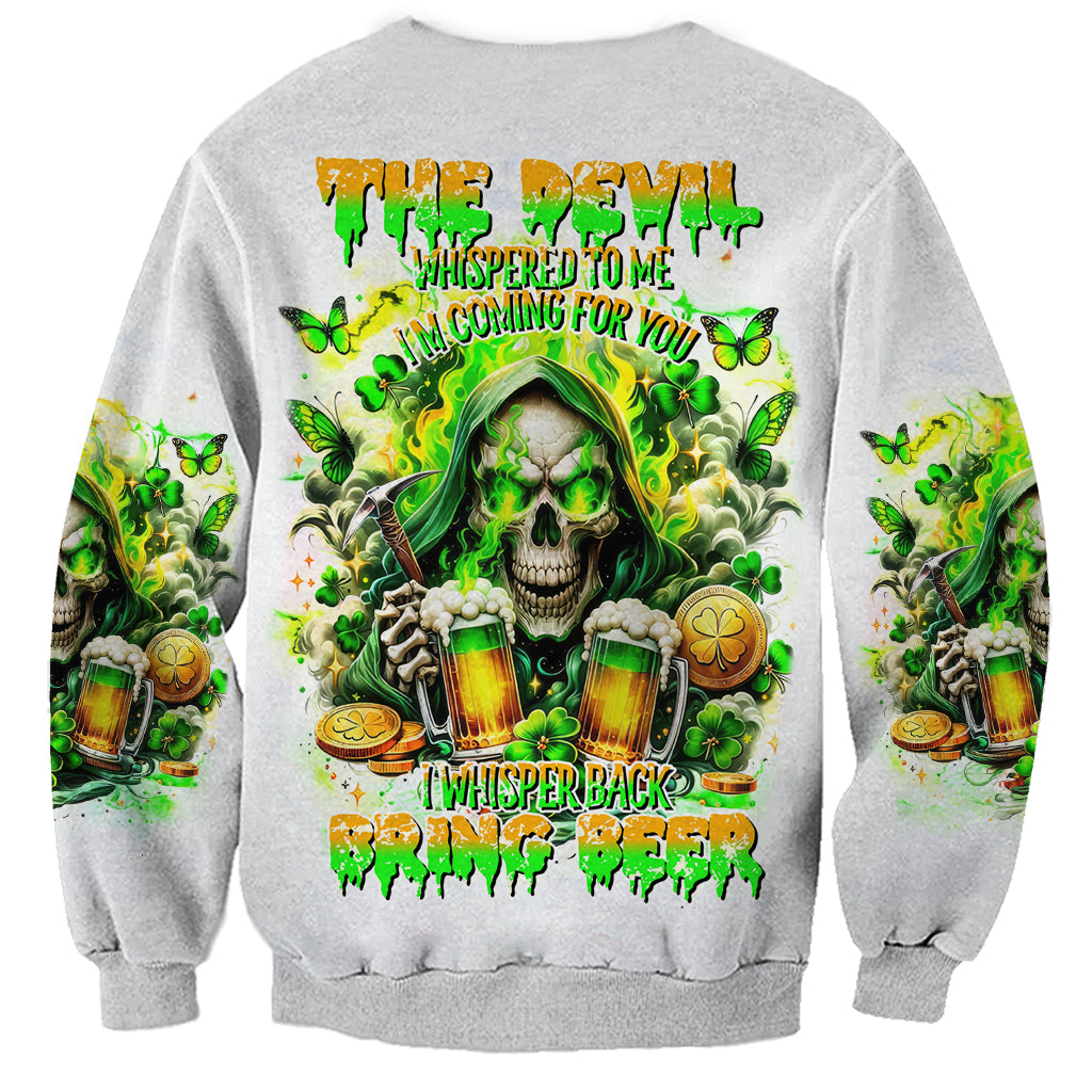 Light gray unisex sweatshirt with green skull beer graphic on back