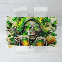 Green skull and beer bottle print tablecloth with shamrocks and clover accents