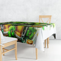 Green beer-themed print tablecloth draped over a rectangular dining table