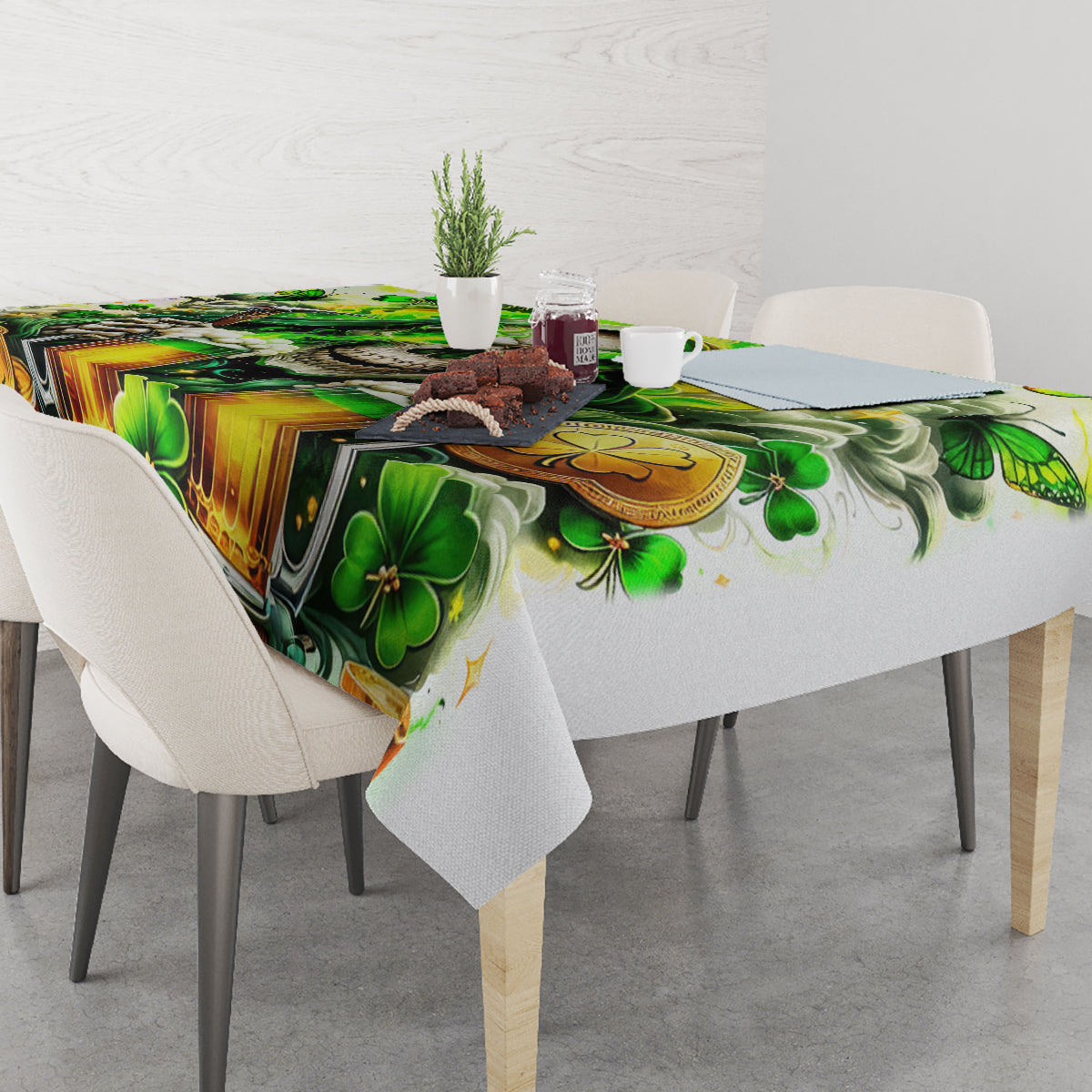 Green shamrock and beer bottle print tablecloth on a dining table with chairs
