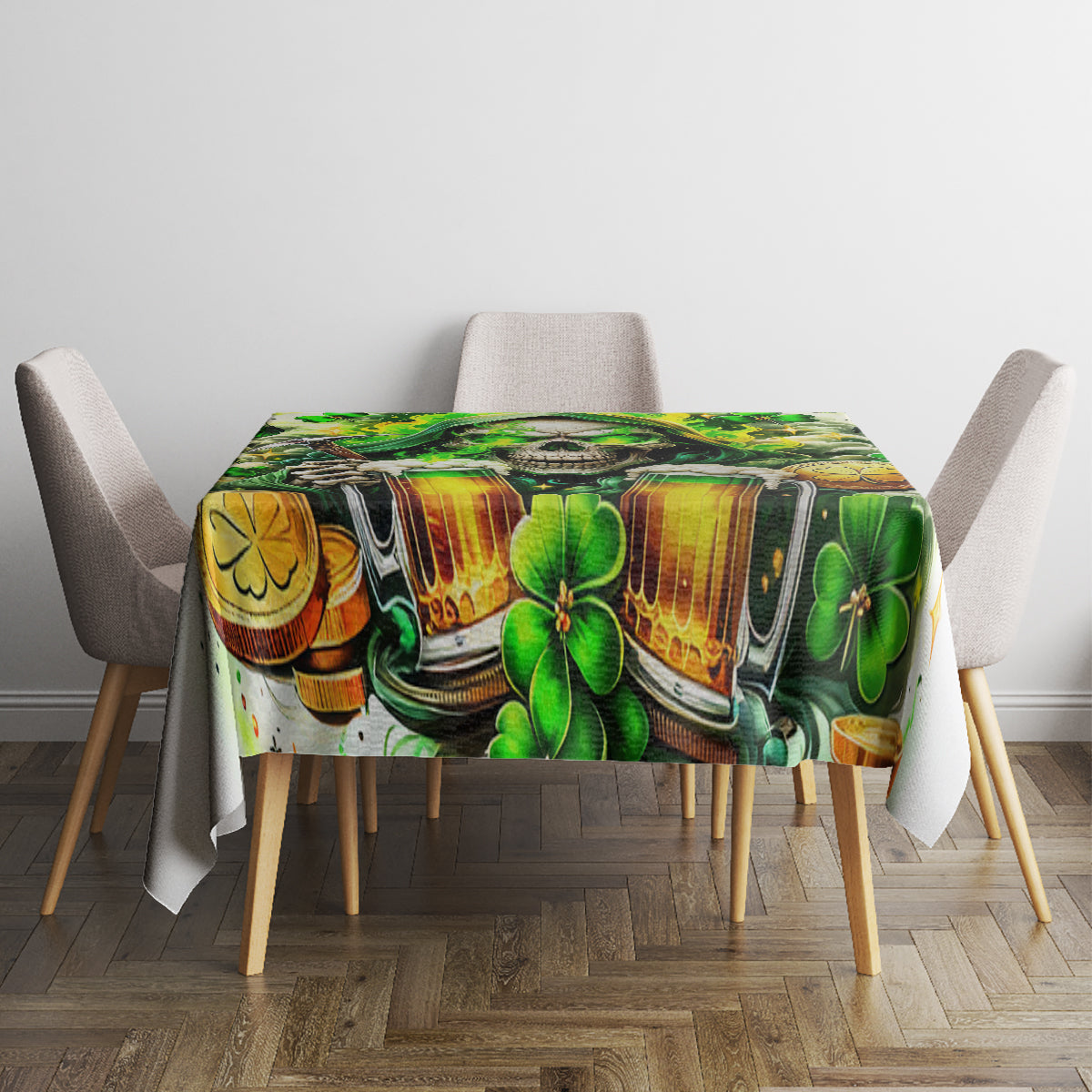 Rectangular green beer and shamrock print tablecloth on a table with four chairs