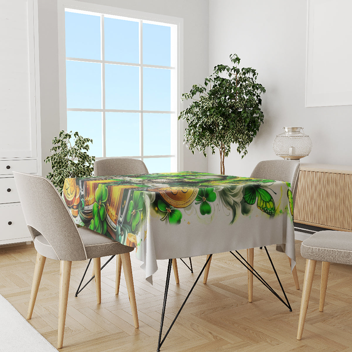 Green beer bottle and clover print tablecloth on a dining set with gray chairs