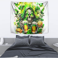 Halloween-style green skull wall tapestry with hooded skeleton, beer mugs, shamrocks