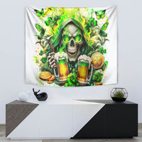 Green skull tapestry showing hooded skeleton holding beer mugs with clovers and butterflies